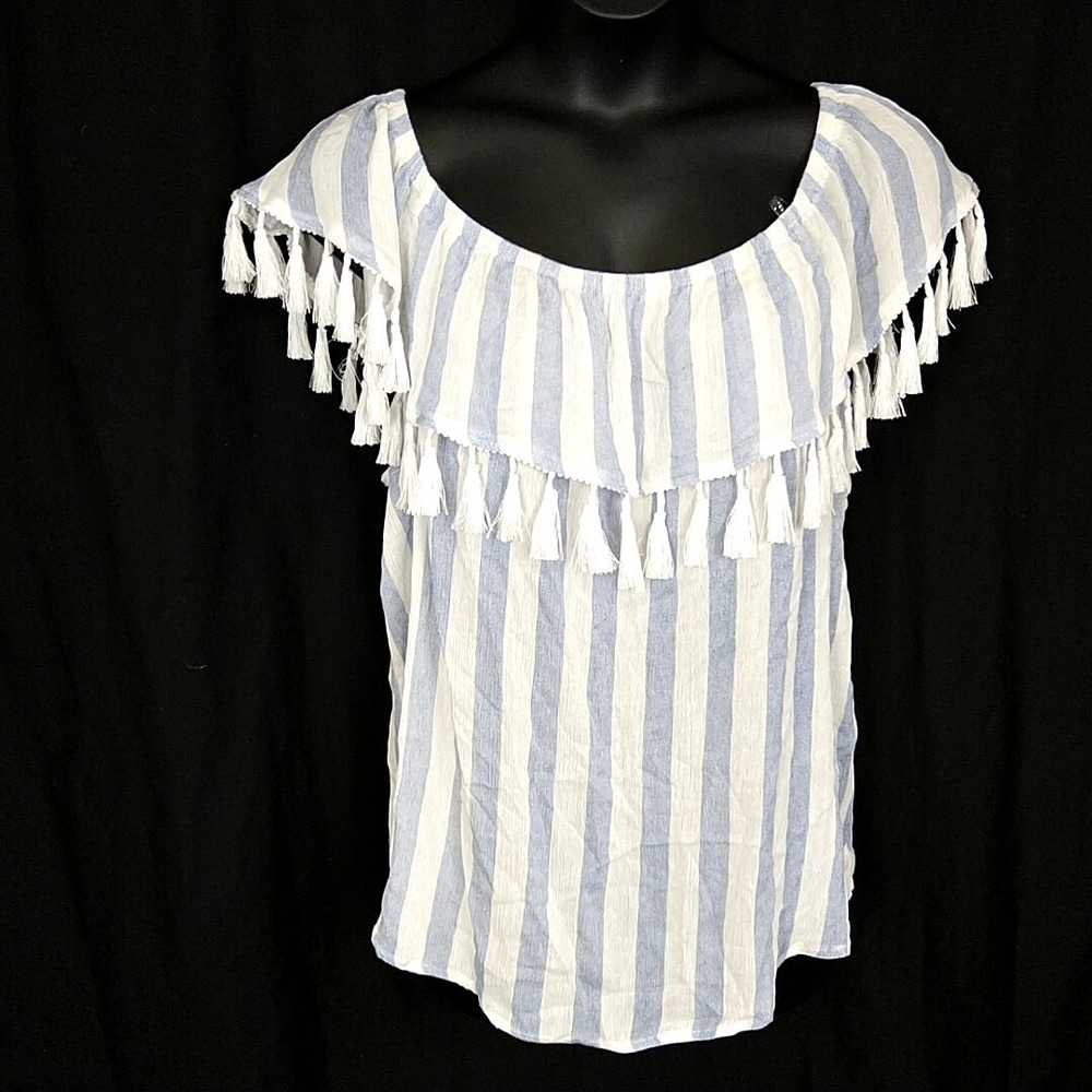 Andre by Unit sz 2X Tops Blue White Striped Ruffle Off Shoulder Tassles Boho